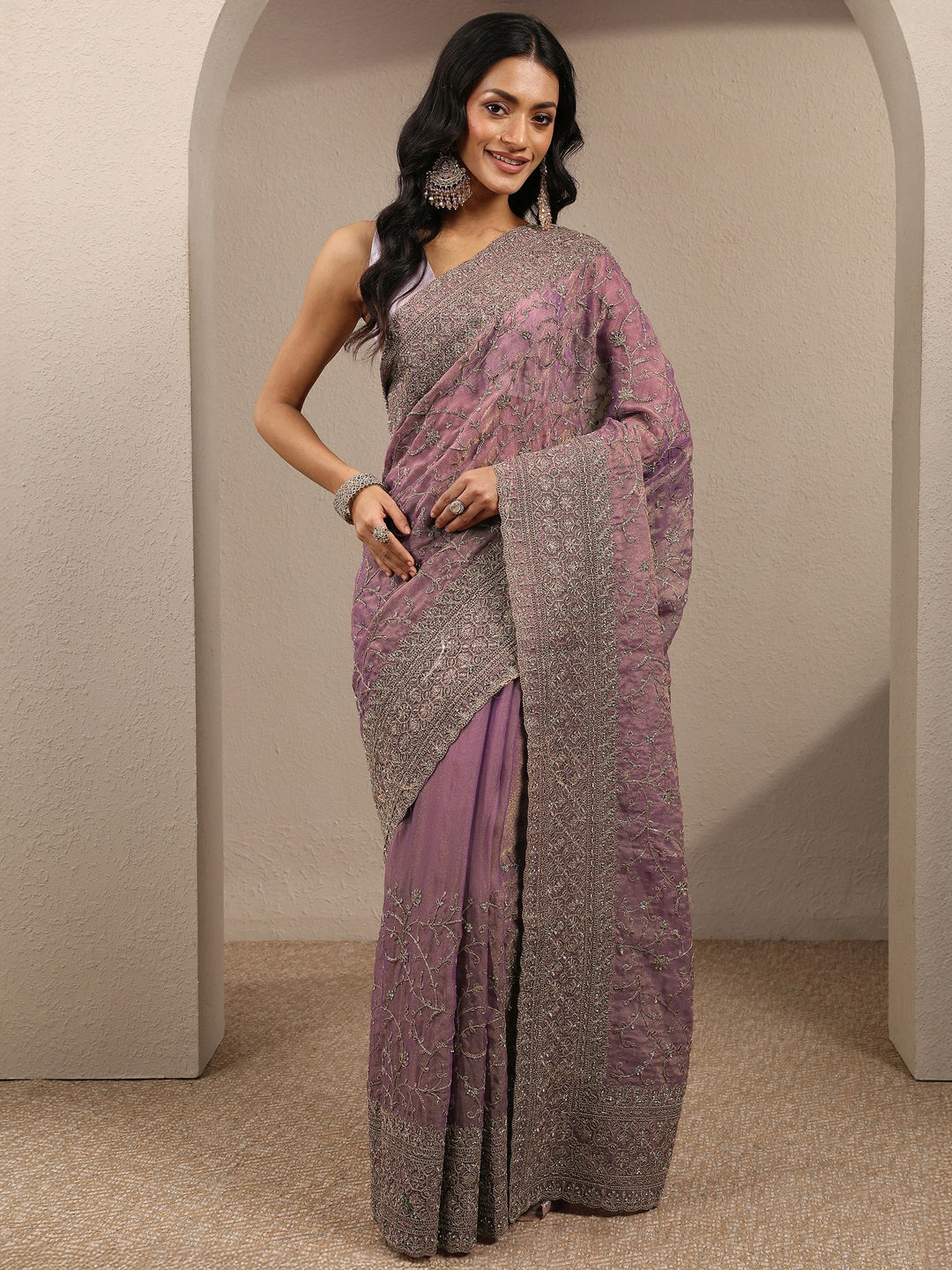  Lavender Embroidered Organza Saree With Unstitched Blouse Piece 