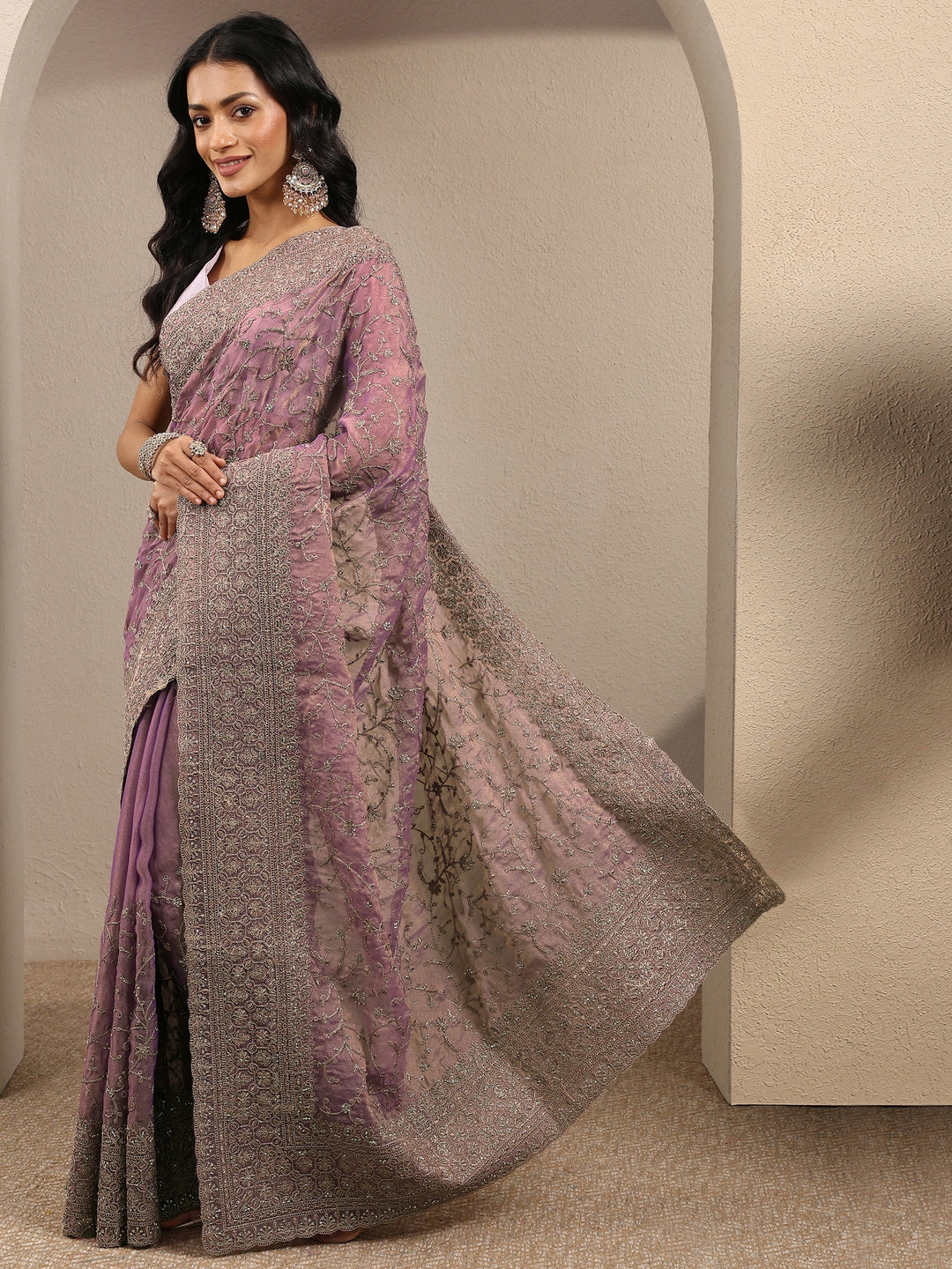  Lavender Embroidered Organza Saree With Unstitched Blouse Piece 