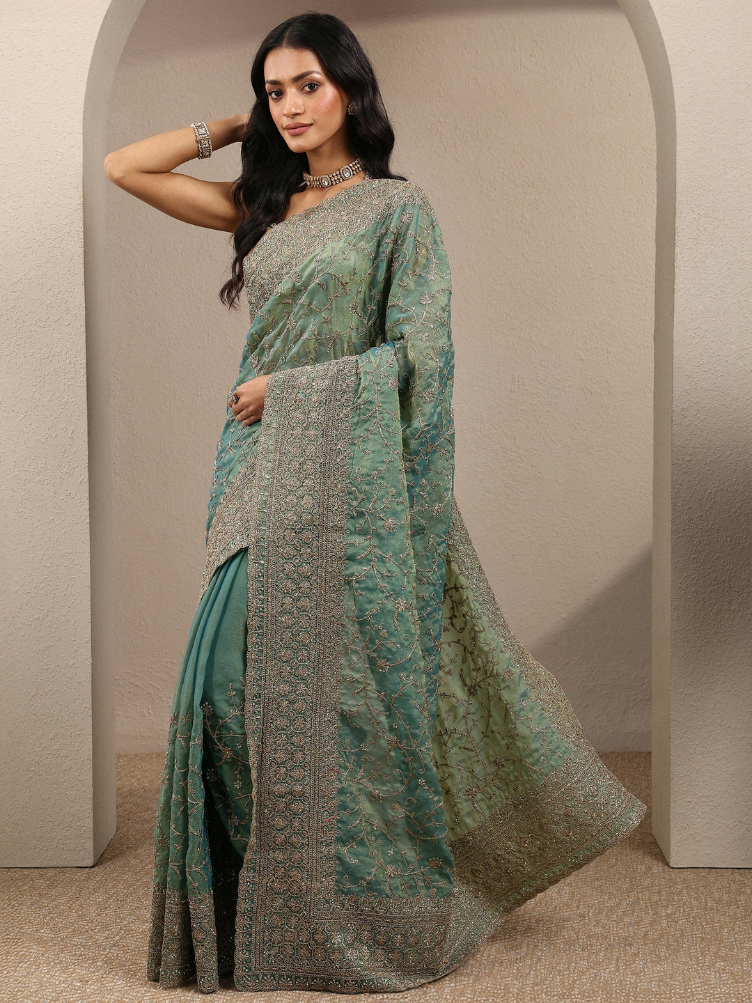  Green Embroidered Organza Saree With Unstitched Blouse Piece 