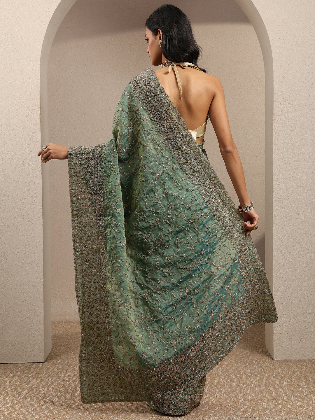  Green Embroidered Organza Saree With Unstitched Blouse Piece 