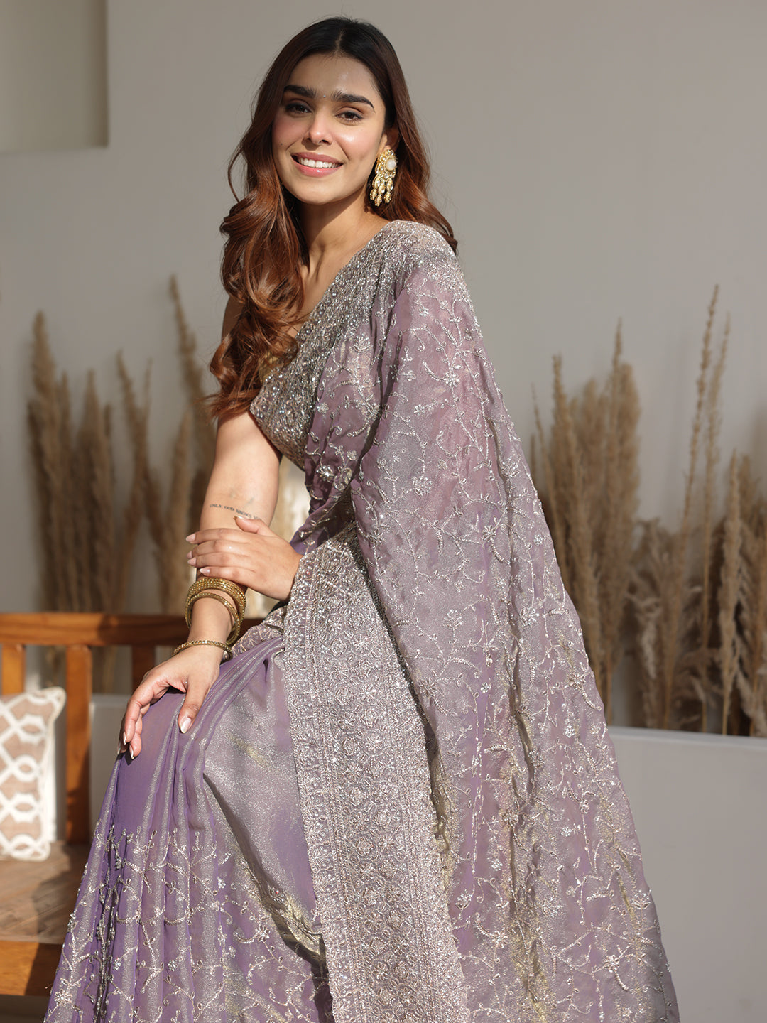  Lavender Embroidered Organza Saree With Unstitched Blouse Piece 
