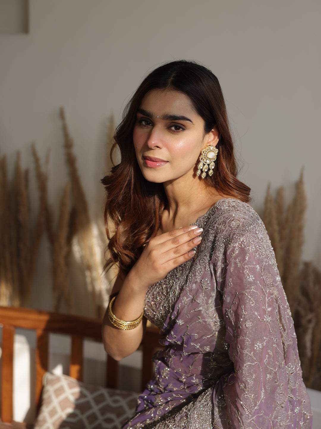  Lavender Embroidered Organza Saree With Unstitched Blouse Piece 