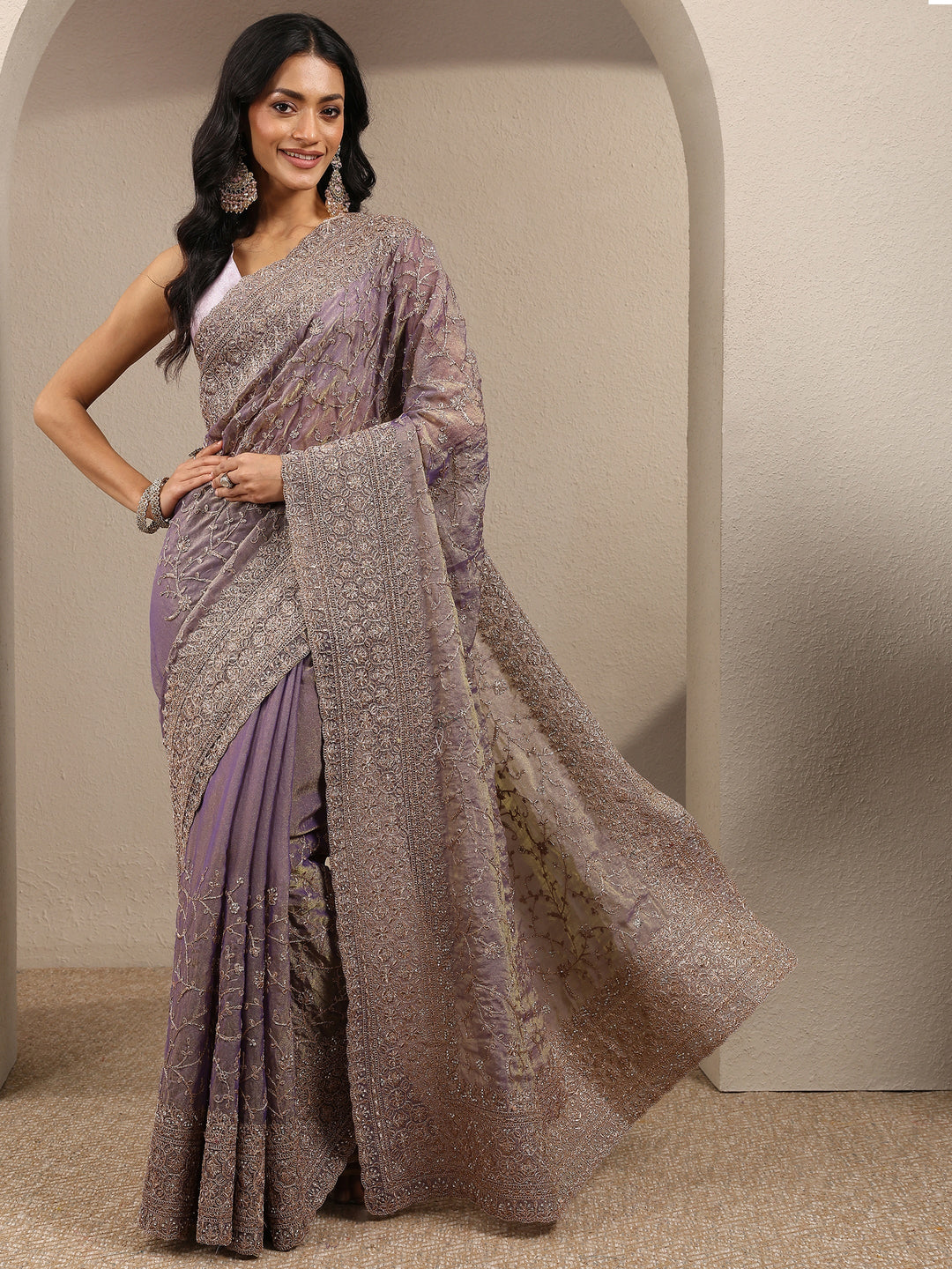  Lavender Embroidered Organza Saree With Unstitched Blouse Piece 