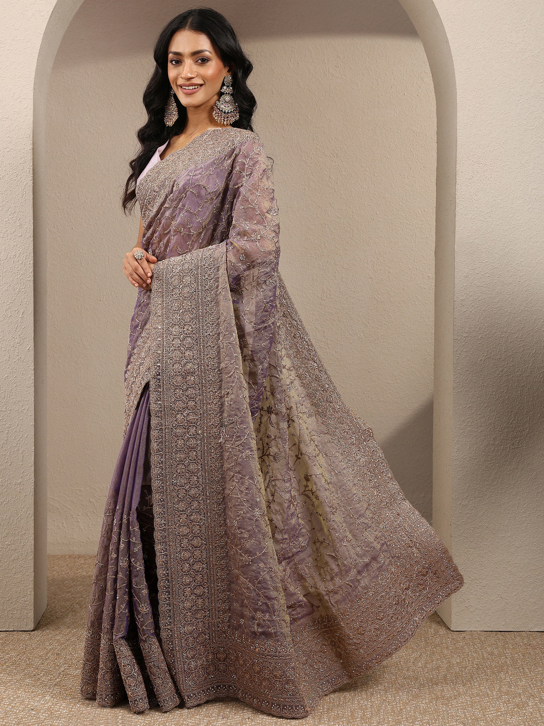  Lavender Embroidered Organza Saree With Unstitched Blouse Piece 