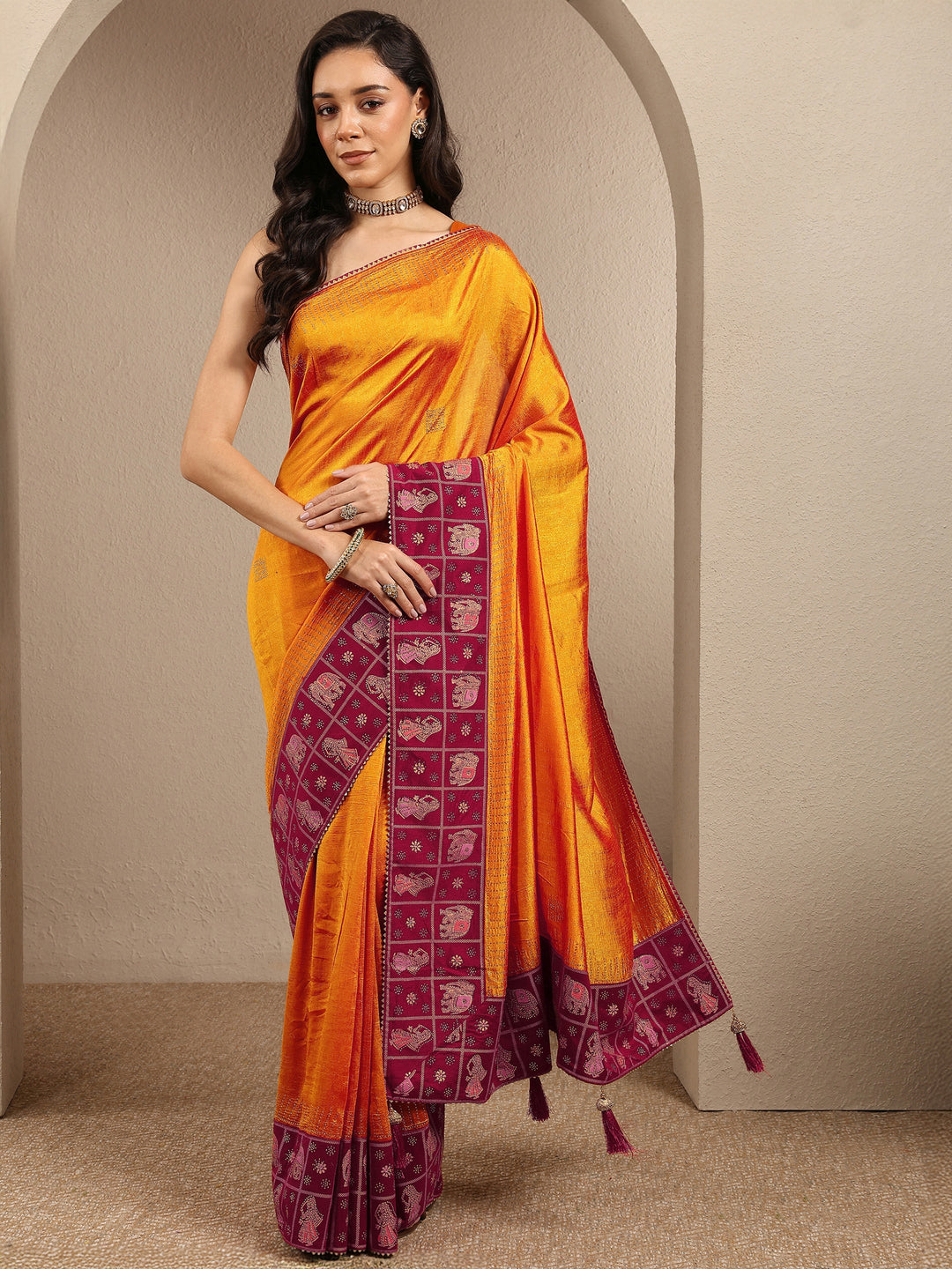  Mustard Embellished Silk Blend Saree With Unstitched Blouse Piece 