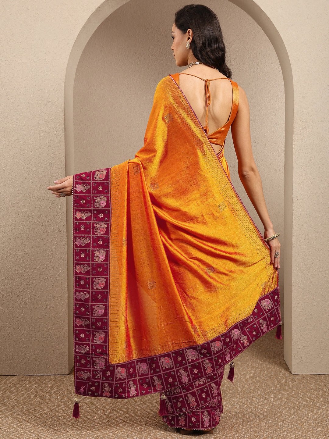  Mustard Embellished Silk Blend Saree With Unstitched Blouse Piece 