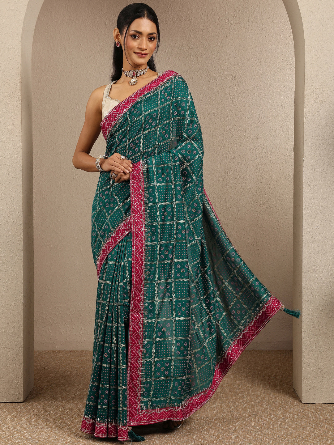 Blue Bandhani Printed Silk Blend Saree With Unstitched Blouse Piece 