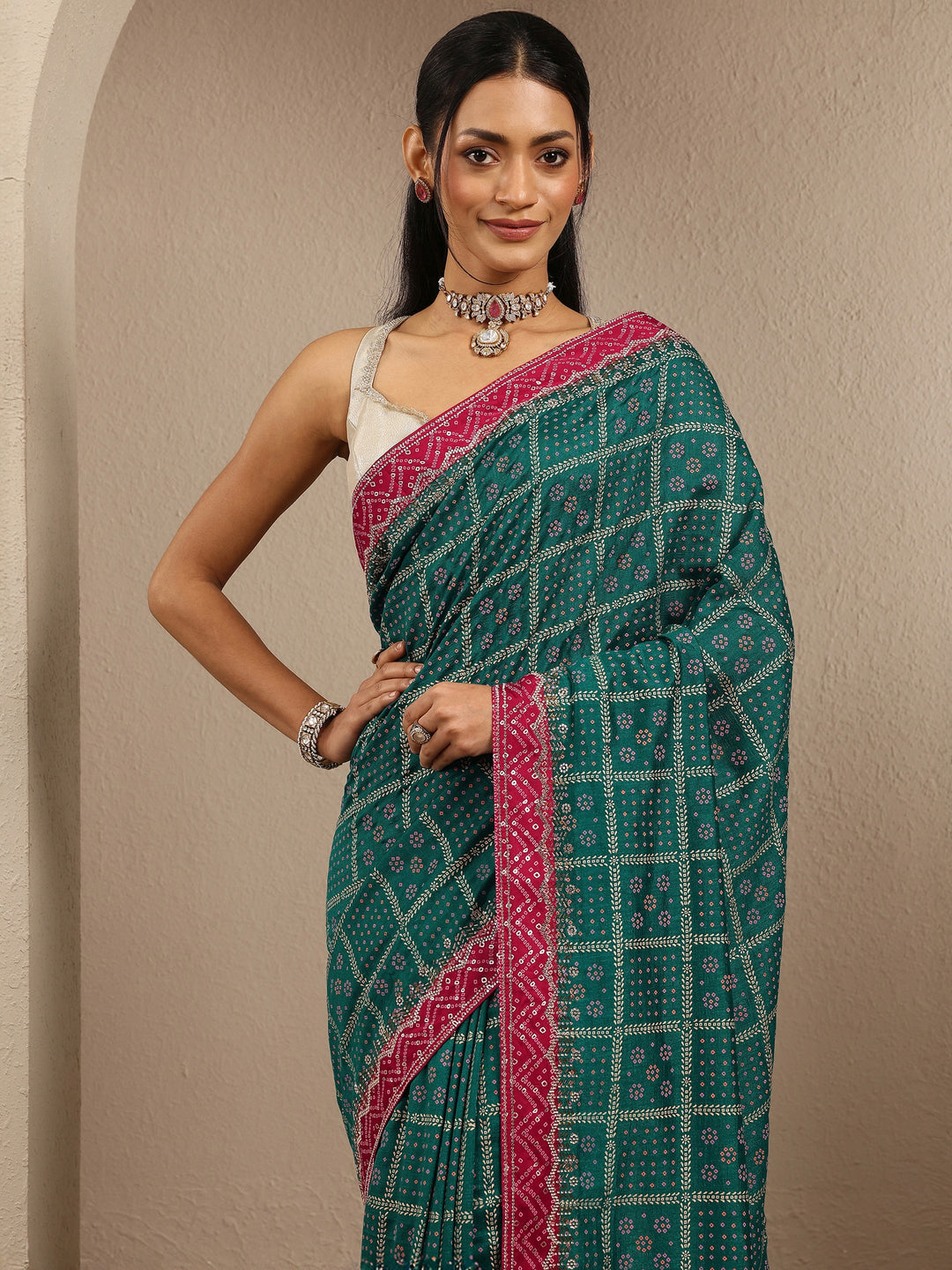  Blue Bandhani Printed Silk Blend Saree With Unstitched Blouse Piece 