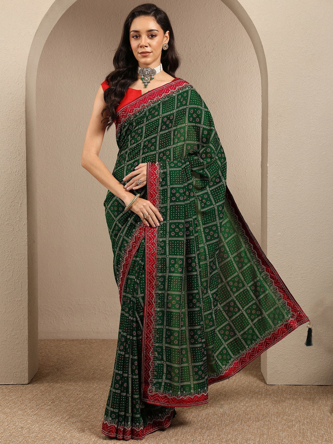  Green Bandhani Printed Silk Blend Saree With Unstitched Blouse Piece 