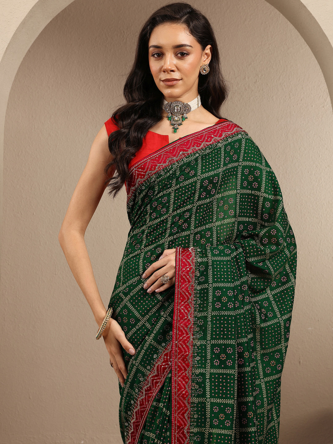  Green Bandhani Printed Silk Blend Saree With Unstitched Blouse Piece 