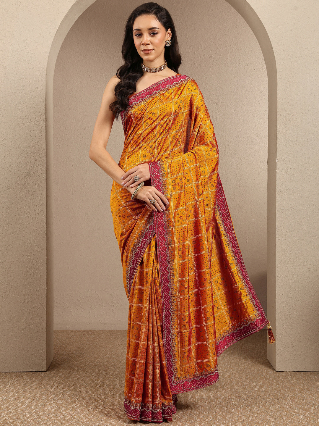  Mustard Bandhani Printed Silk Blend Saree With Unstitched Blouse Piece 