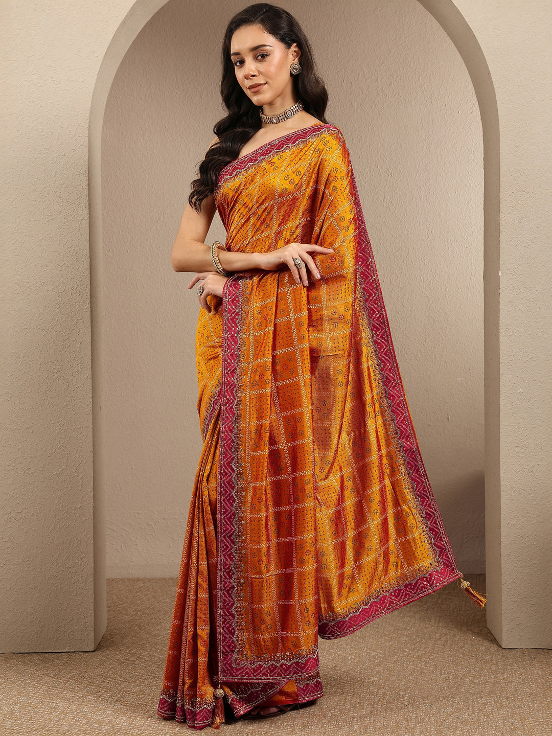  Mustard Bandhani Printed Silk Blend Saree With Unstitched Blouse Piece 