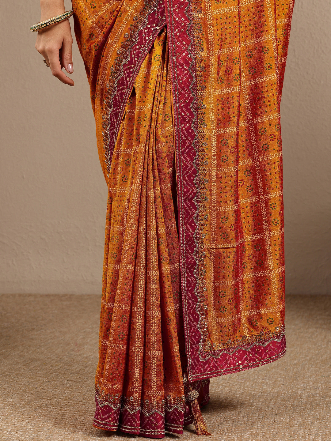  Mustard Bandhani Printed Silk Blend Saree With Unstitched Blouse Piece 