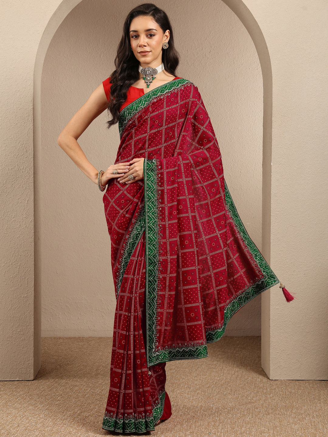  Red Bandhani Printed Silk Blend Saree With Unstitched Blouse Piece 