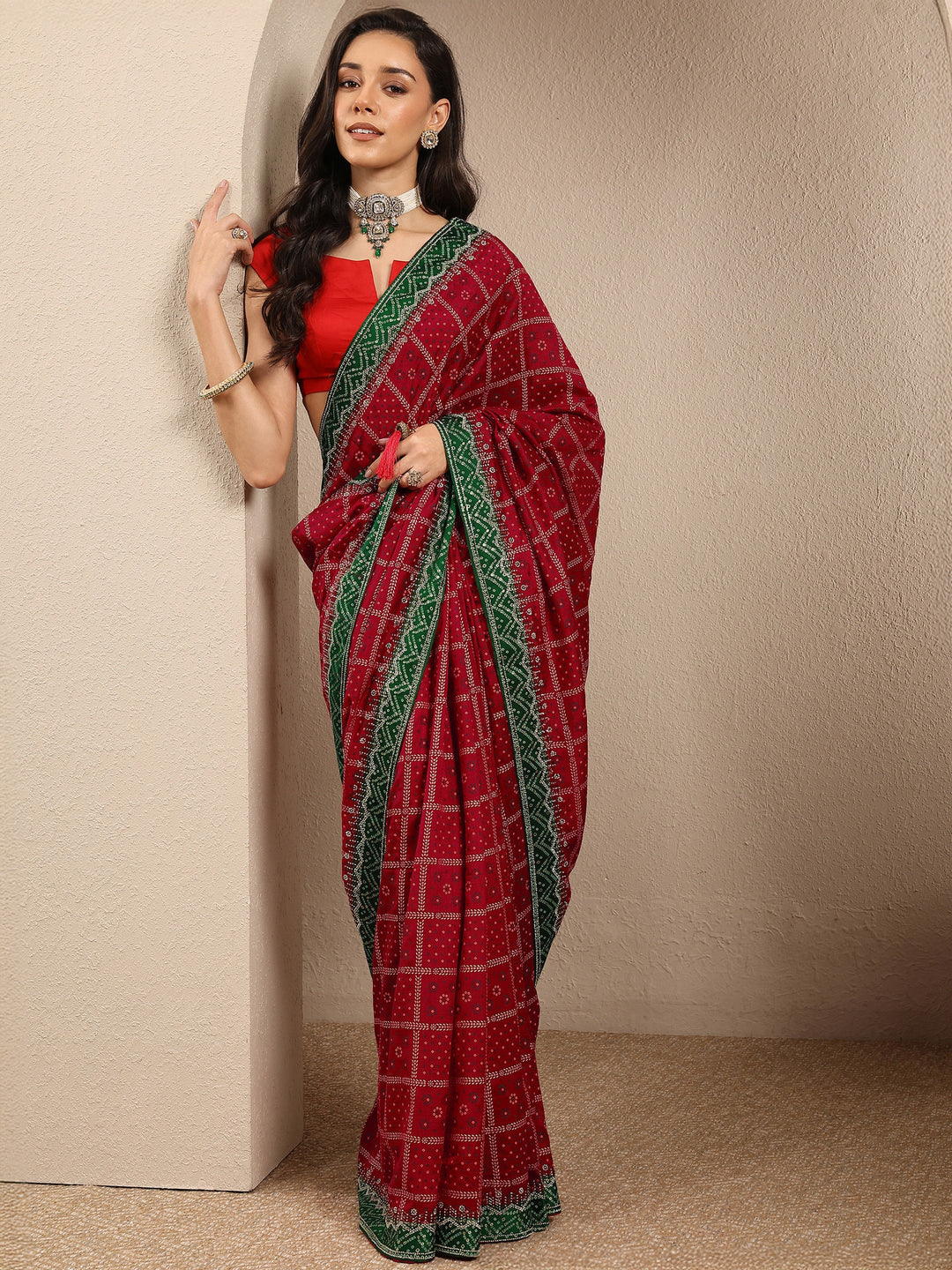  Red Bandhani Printed Silk Blend Saree With Unstitched Blouse Piece 