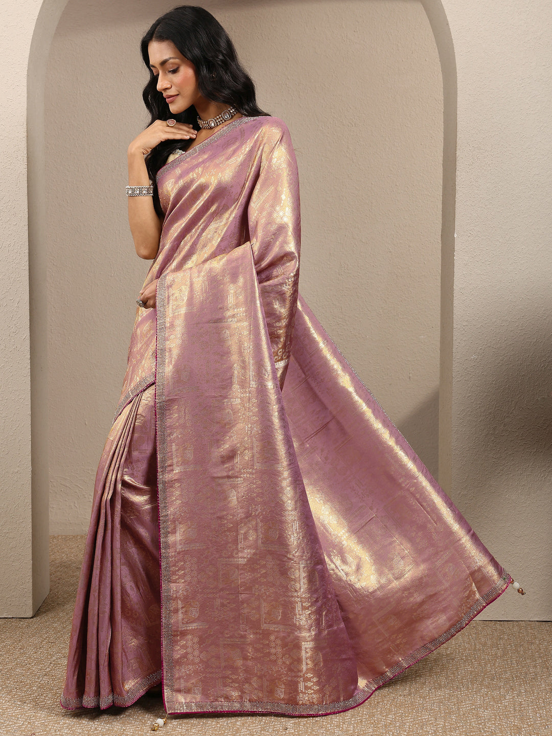  Lavender Woven Design Banarsi Silk Blend Saree With Unstitched Blouse Piece 