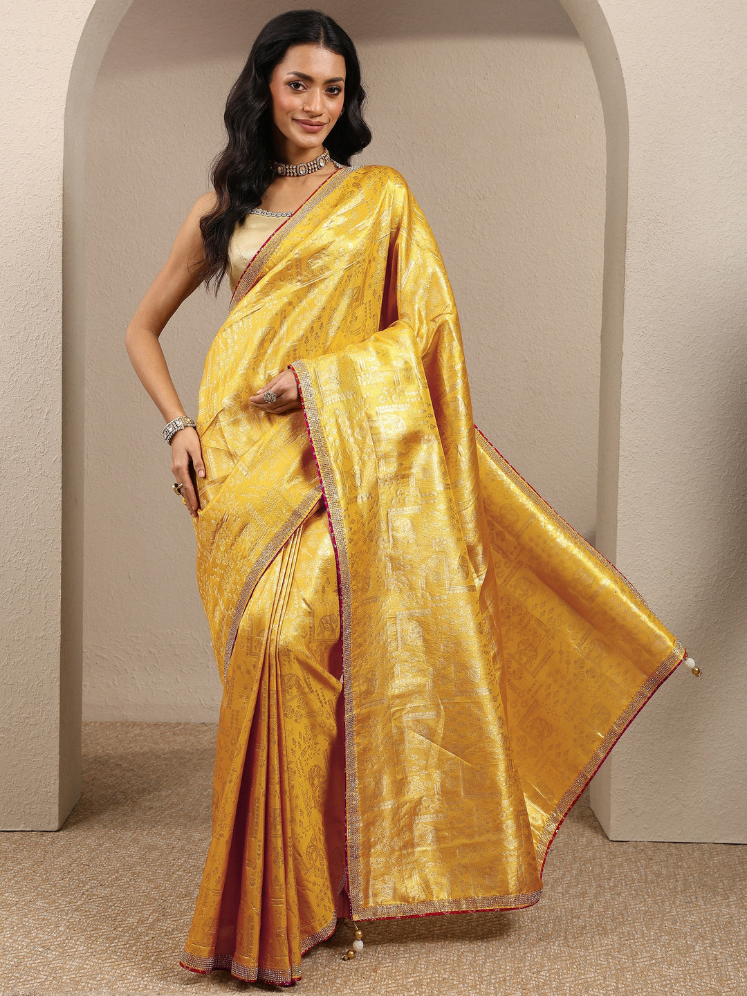  Mustard Woven Design Banarsi Silk Blend Saree With Unstitched Blouse Piece 