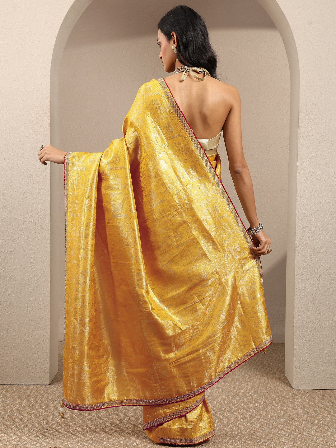  Mustard Woven Design Banarsi Silk Blend Saree With Unstitched Blouse Piece 
