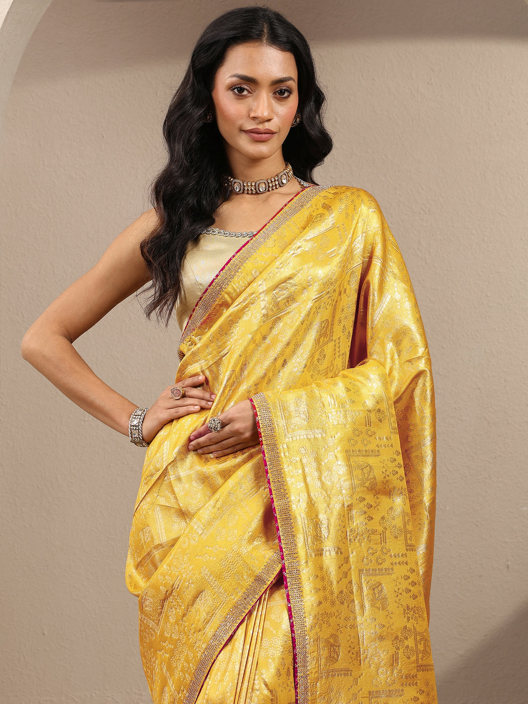  Mustard Woven Design Banarsi Silk Blend Saree With Unstitched Blouse Piece 