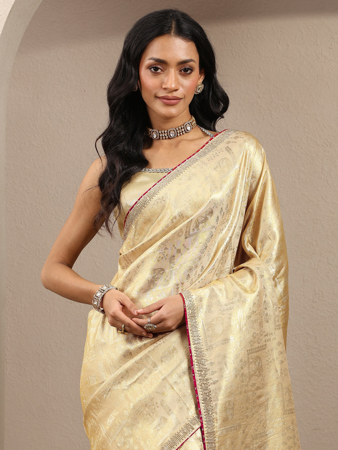  Gold Woven Design Banarsi Silk Blend Saree With Unstitched Blouse Piece 