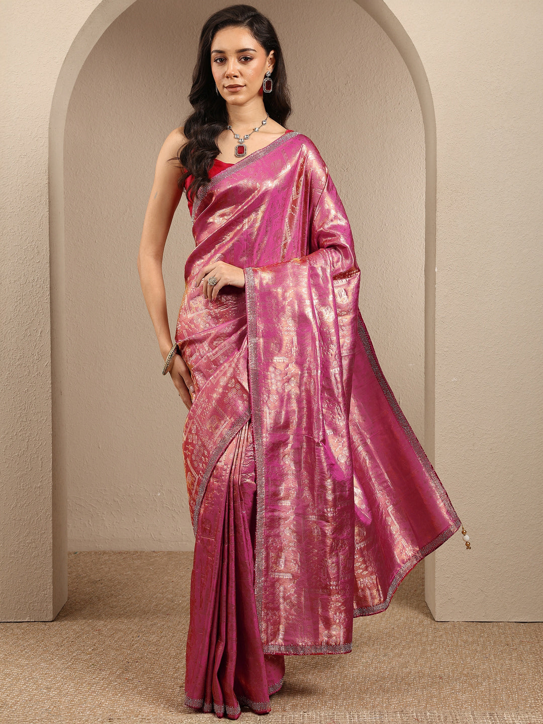  Pink Woven Design Banarsi Silk Blend Saree With Unstitched Blouse Piece 