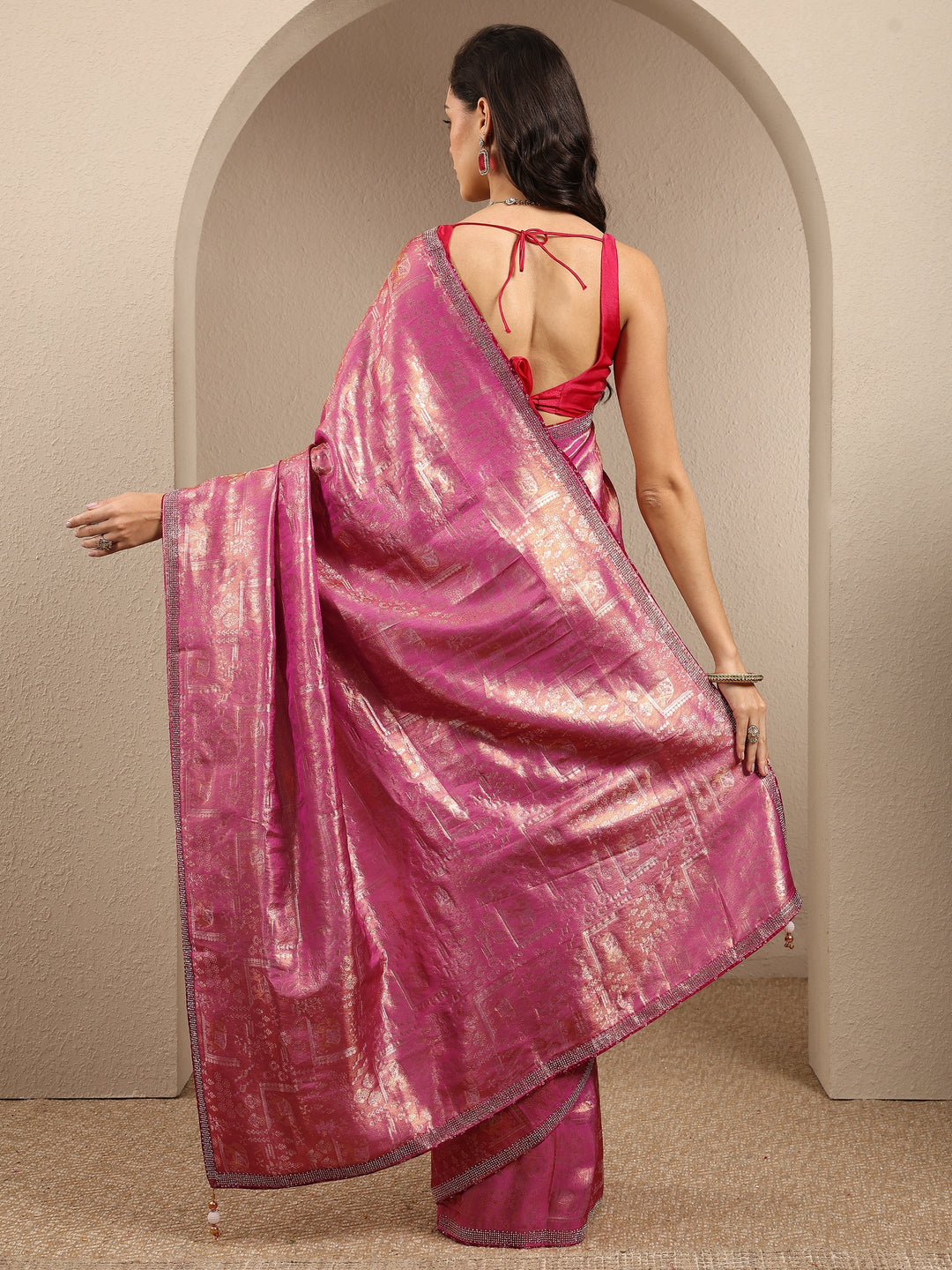  Pink Woven Design Banarsi Silk Blend Saree With Unstitched Blouse Piece 