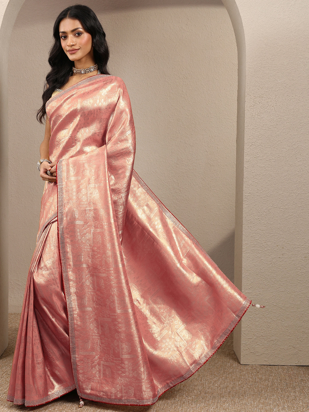  Peach Woven Design Silk Blend Saree With Unstitched Blouse Piece 