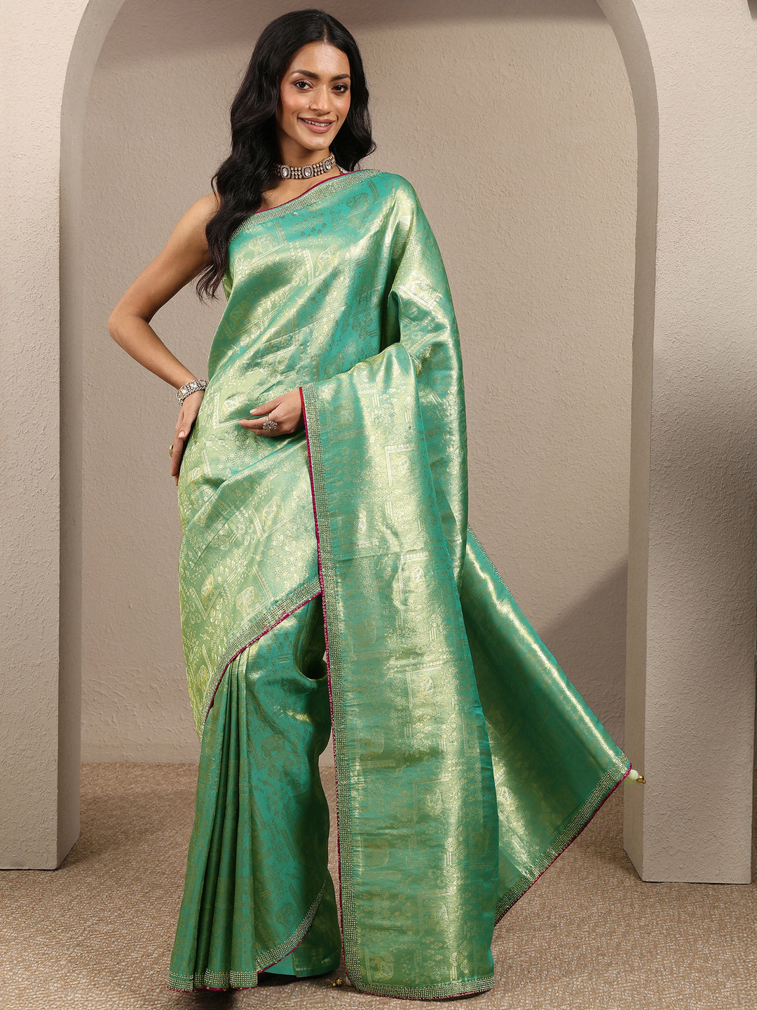  Green Woven Design Banarsi Silk Blend Saree With Unstitched Blouse Piece 