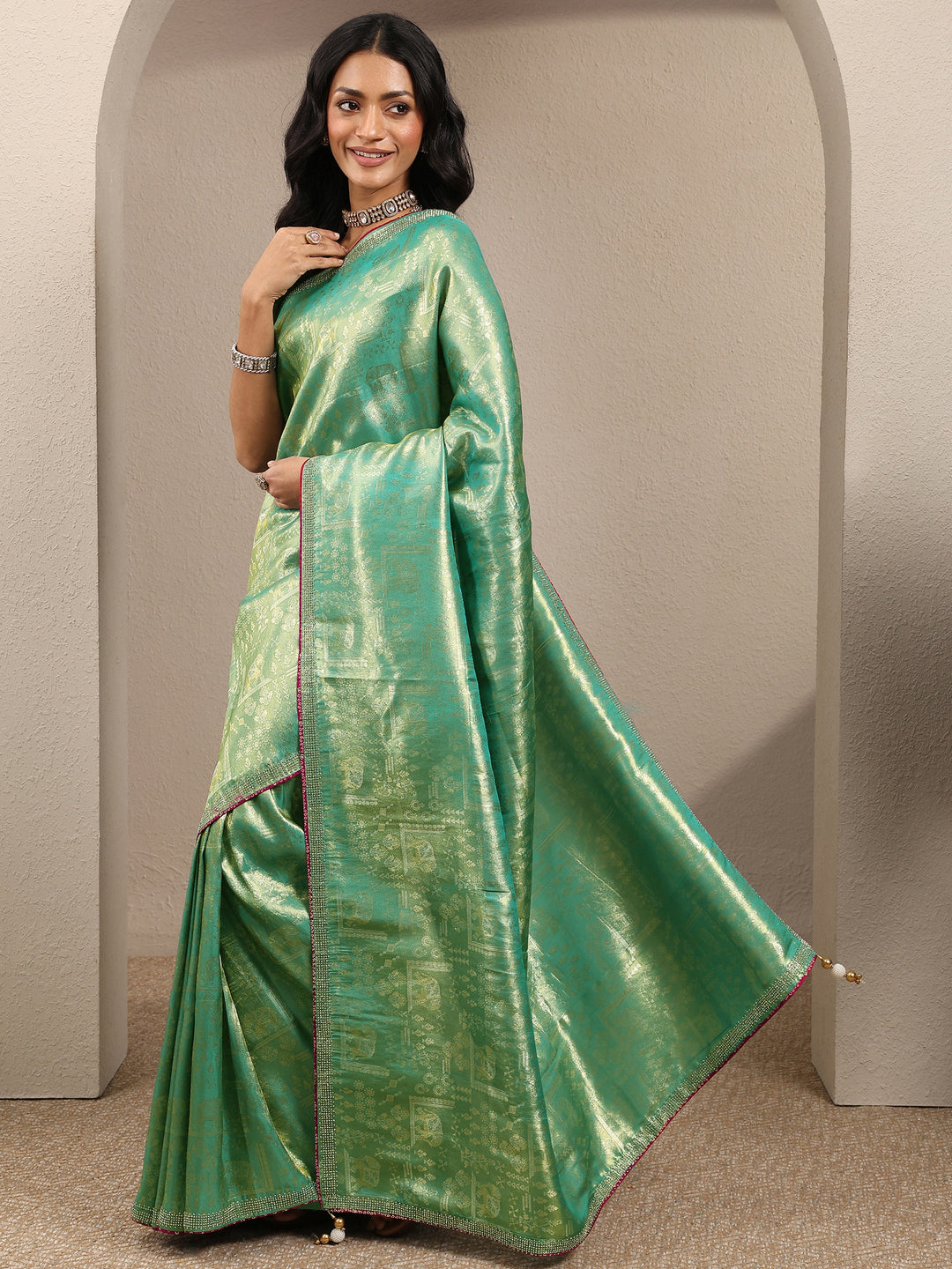  Green Woven Design Banarsi Silk Blend Saree With Unstitched Blouse Piece 