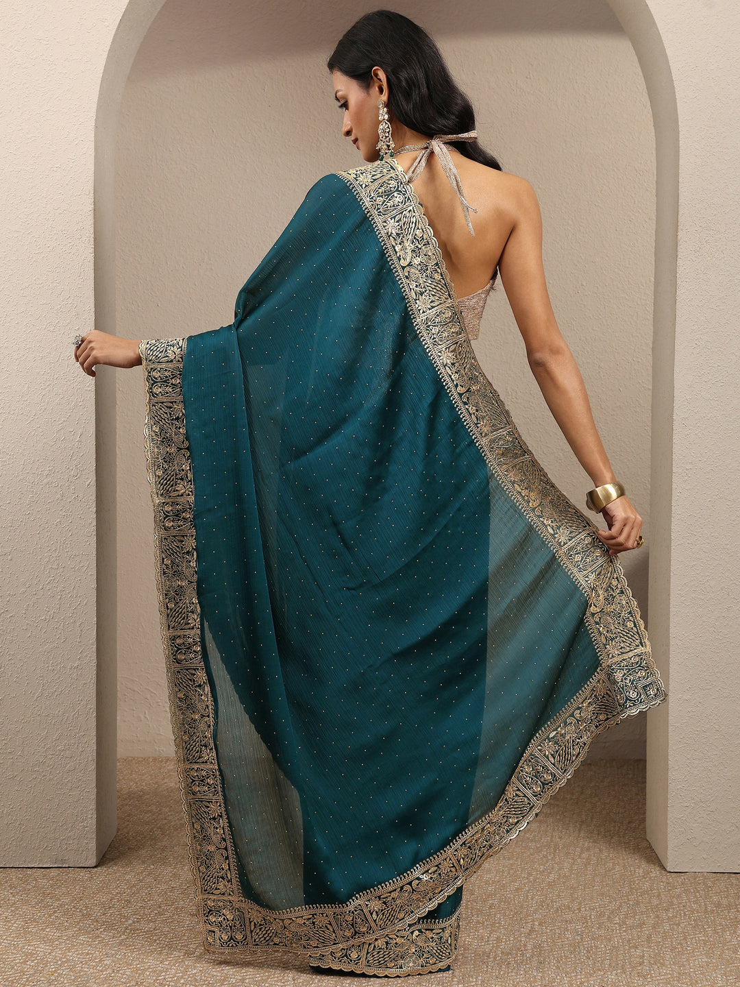  Blue Embellished Silk Blend Saree With Unstitched Blouse Piece 