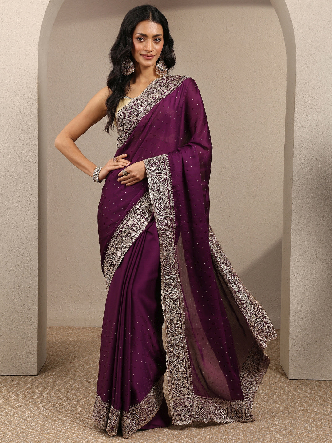  Burgundy Embellished Silk Blend Saree With Unstitched Blouse Piece 