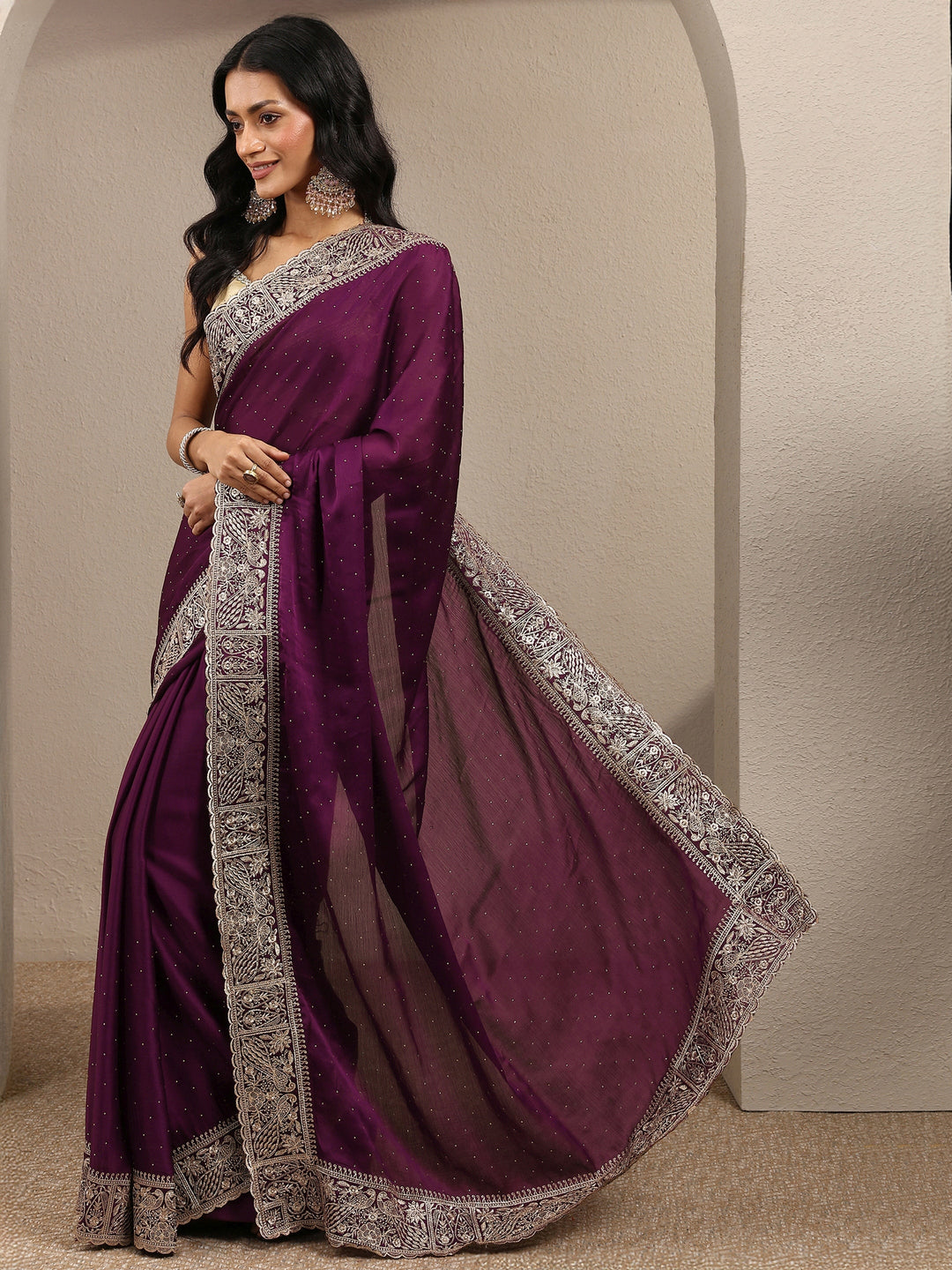  Burgundy Embellished Silk Blend Saree With Unstitched Blouse Piece 