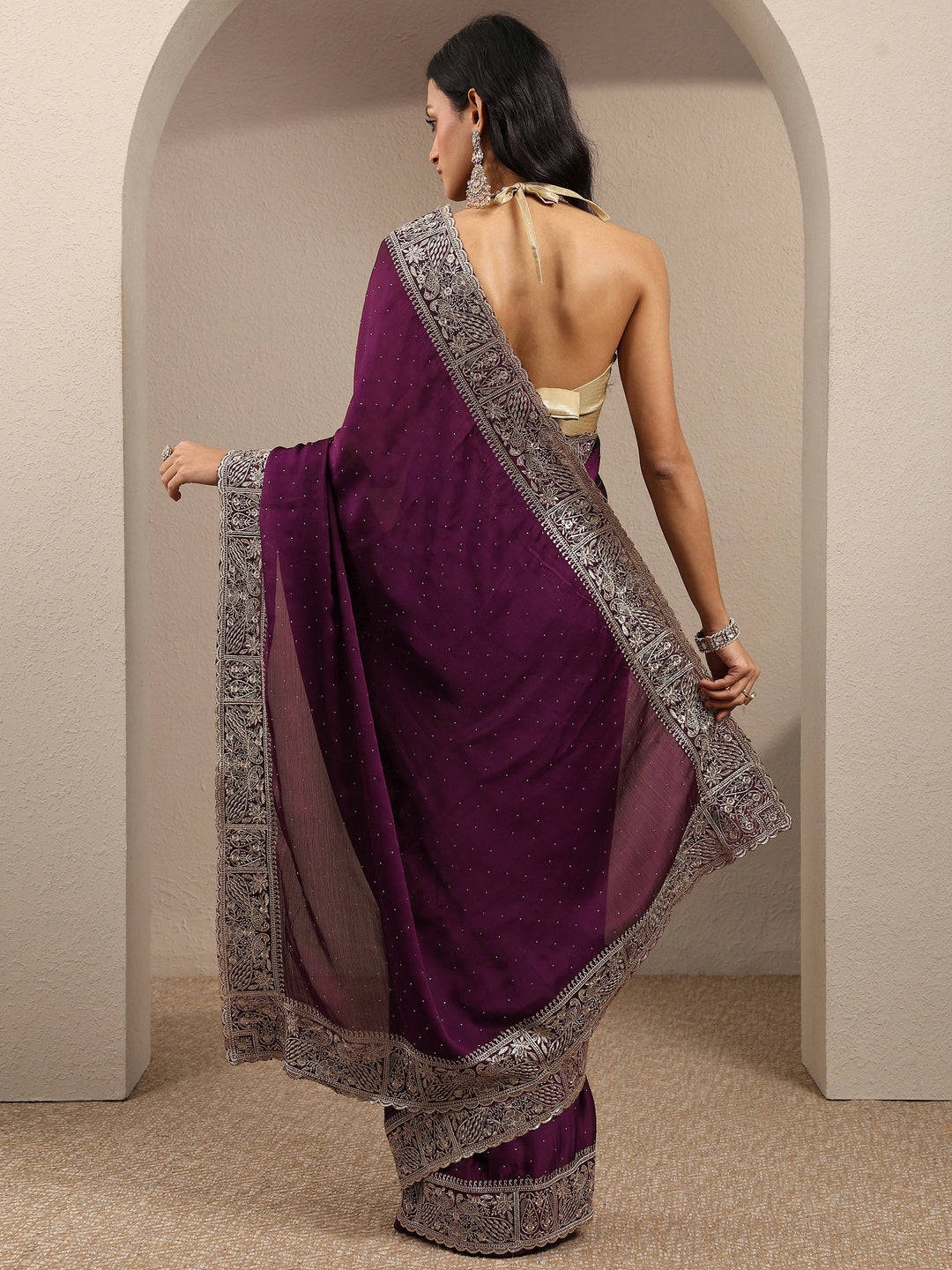  Burgundy Embellished Silk Blend Saree With Unstitched Blouse Piece 