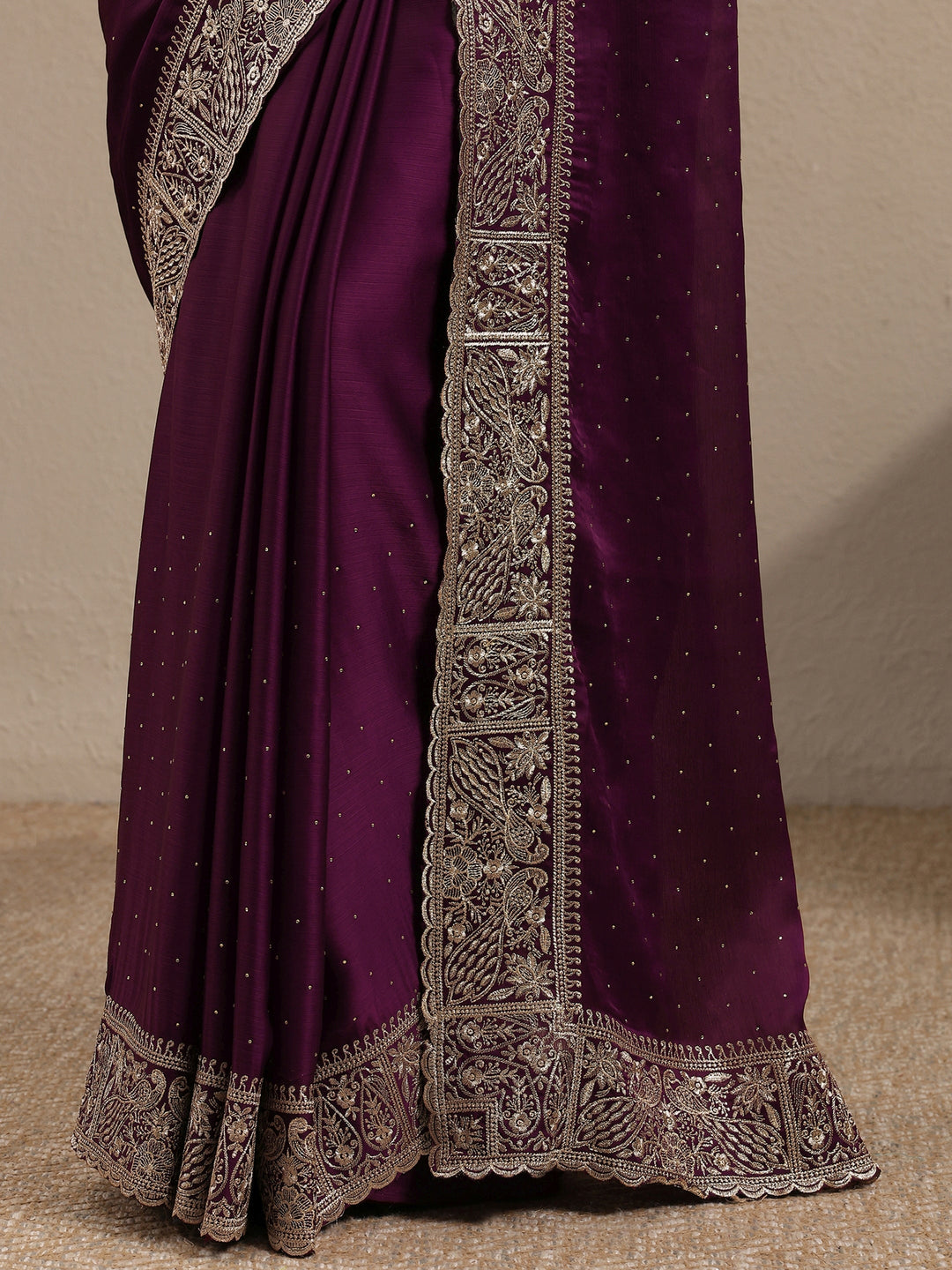  Burgundy Embellished Silk Blend Saree With Unstitched Blouse Piece 