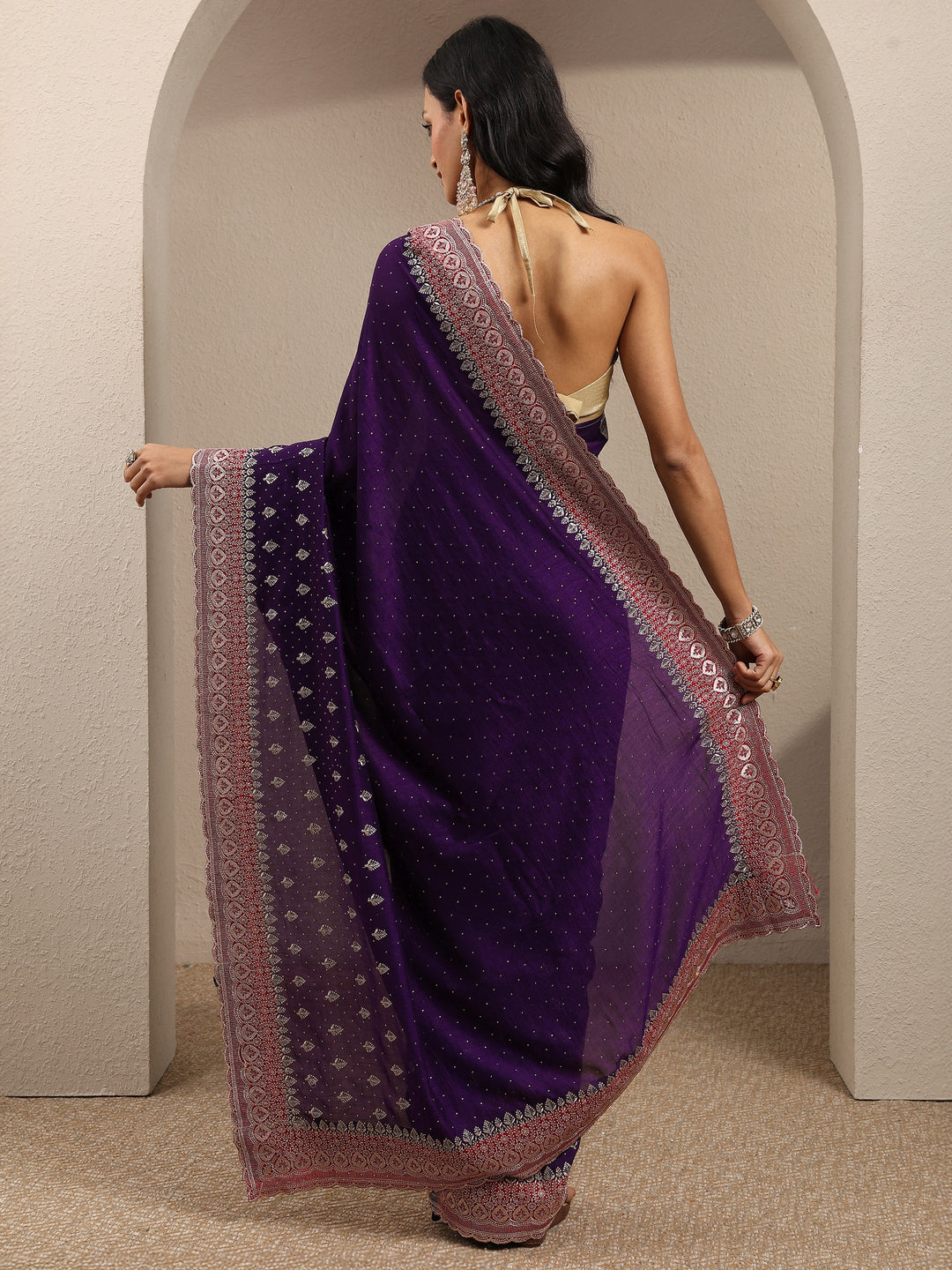 Purple Embellished Silk Blend Saree With Unstitched Blouse Piece 