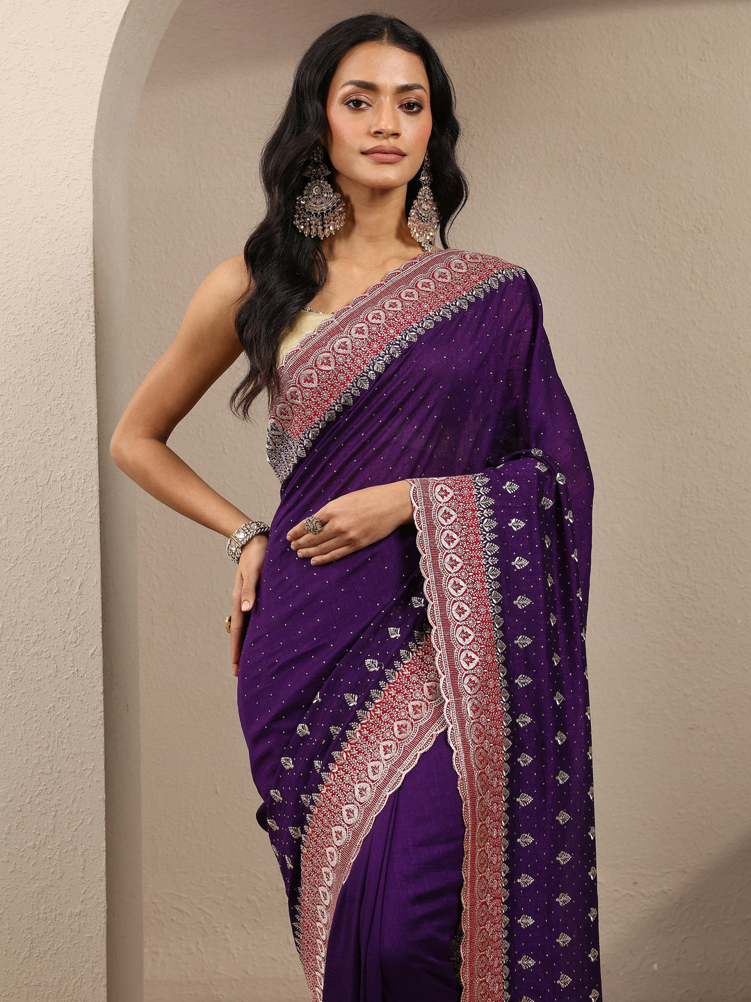  Purple Embellished Silk Blend Saree With Unstitched Blouse Piece 