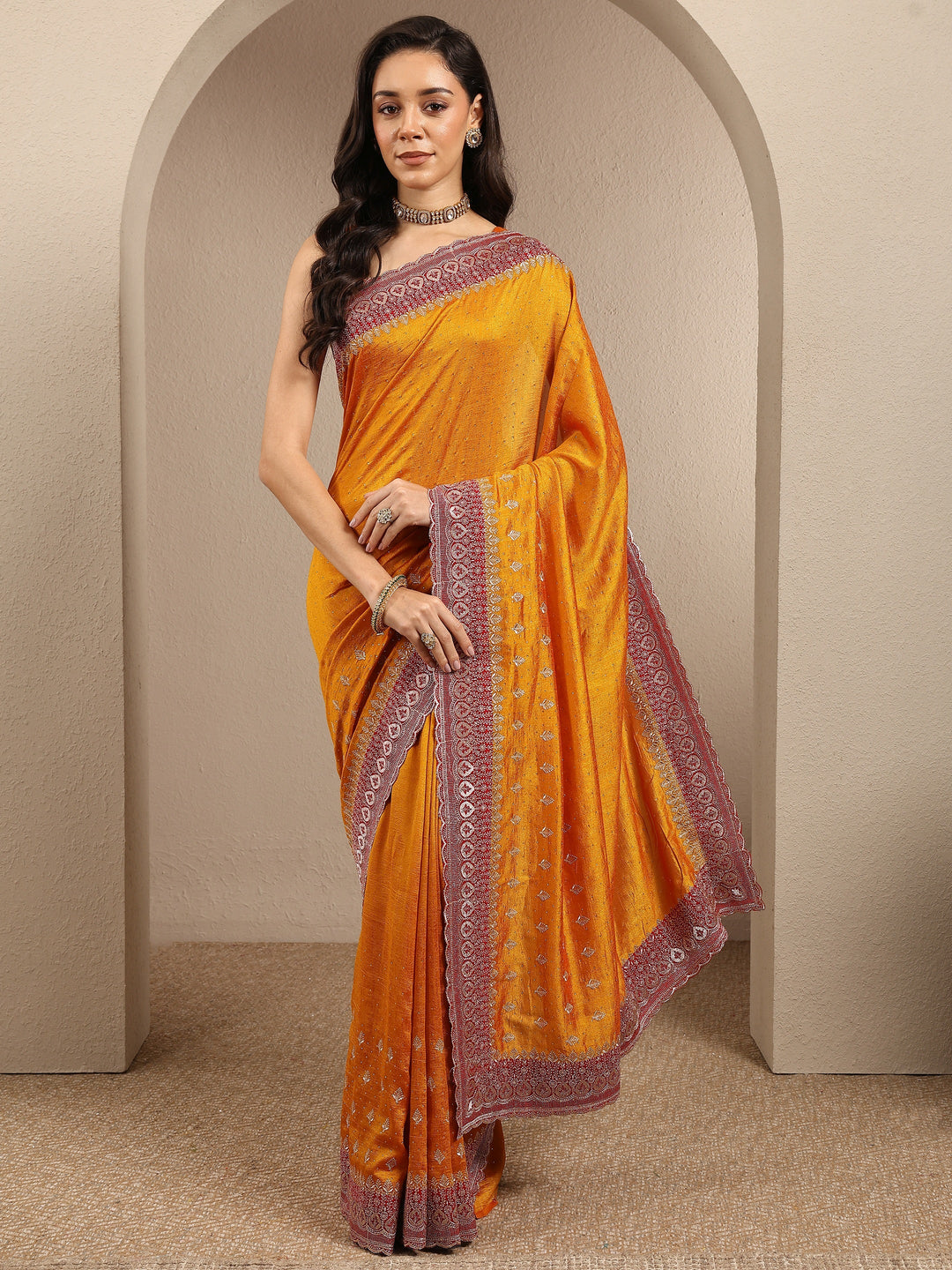  Mustard Embellished Silk Blend Saree With Unstitched Blouse Piece 
