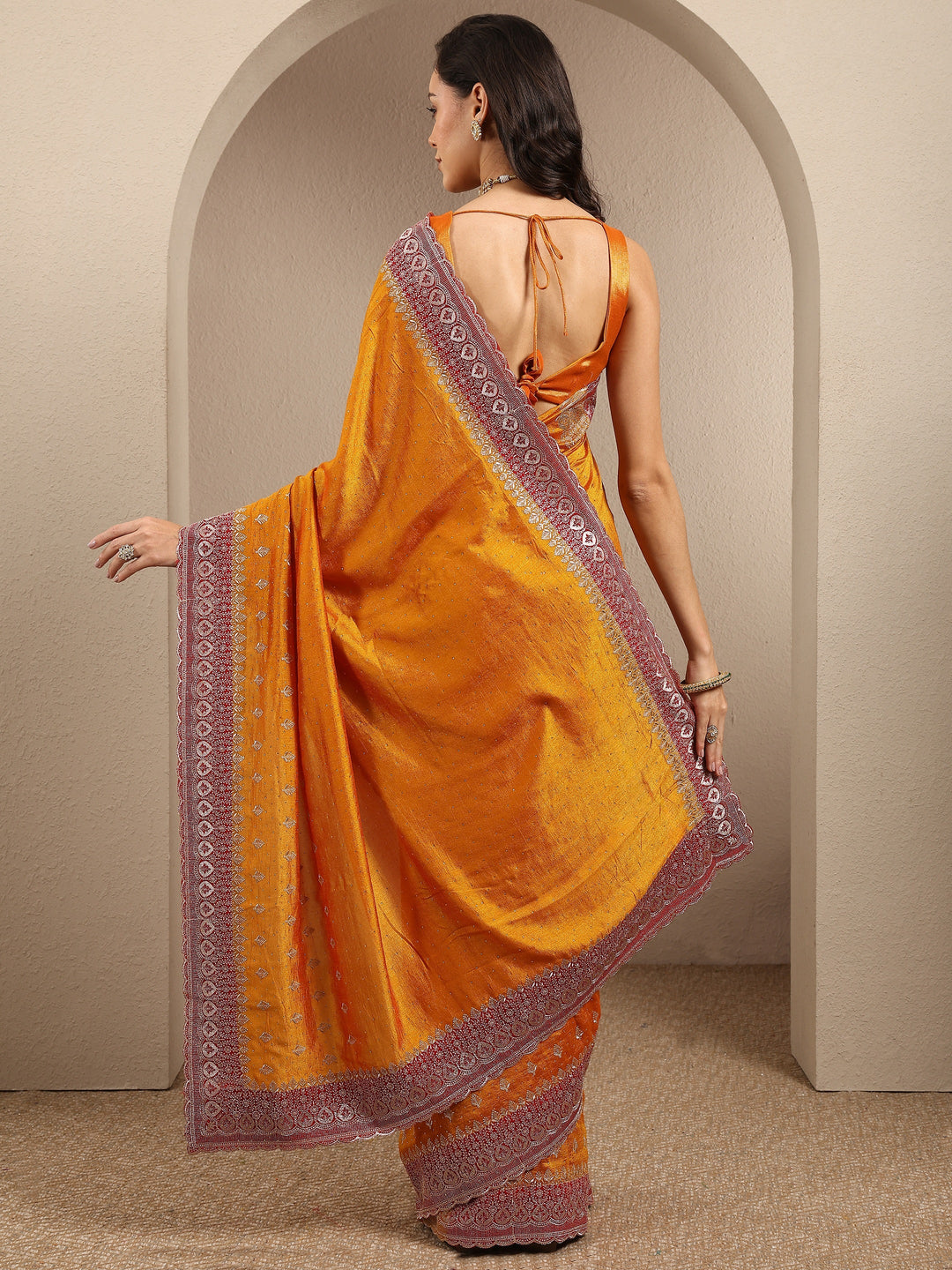  Mustard Embellished Silk Blend Saree With Unstitched Blouse Piece 
