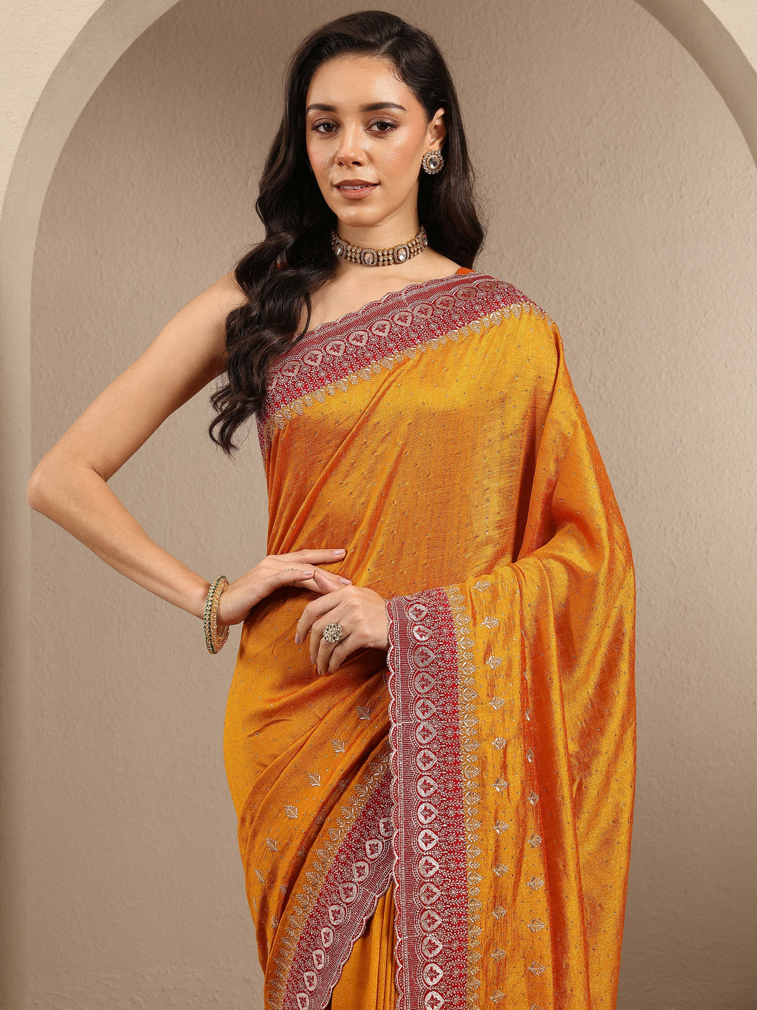  Mustard Embellished Silk Blend Saree With Unstitched Blouse Piece 