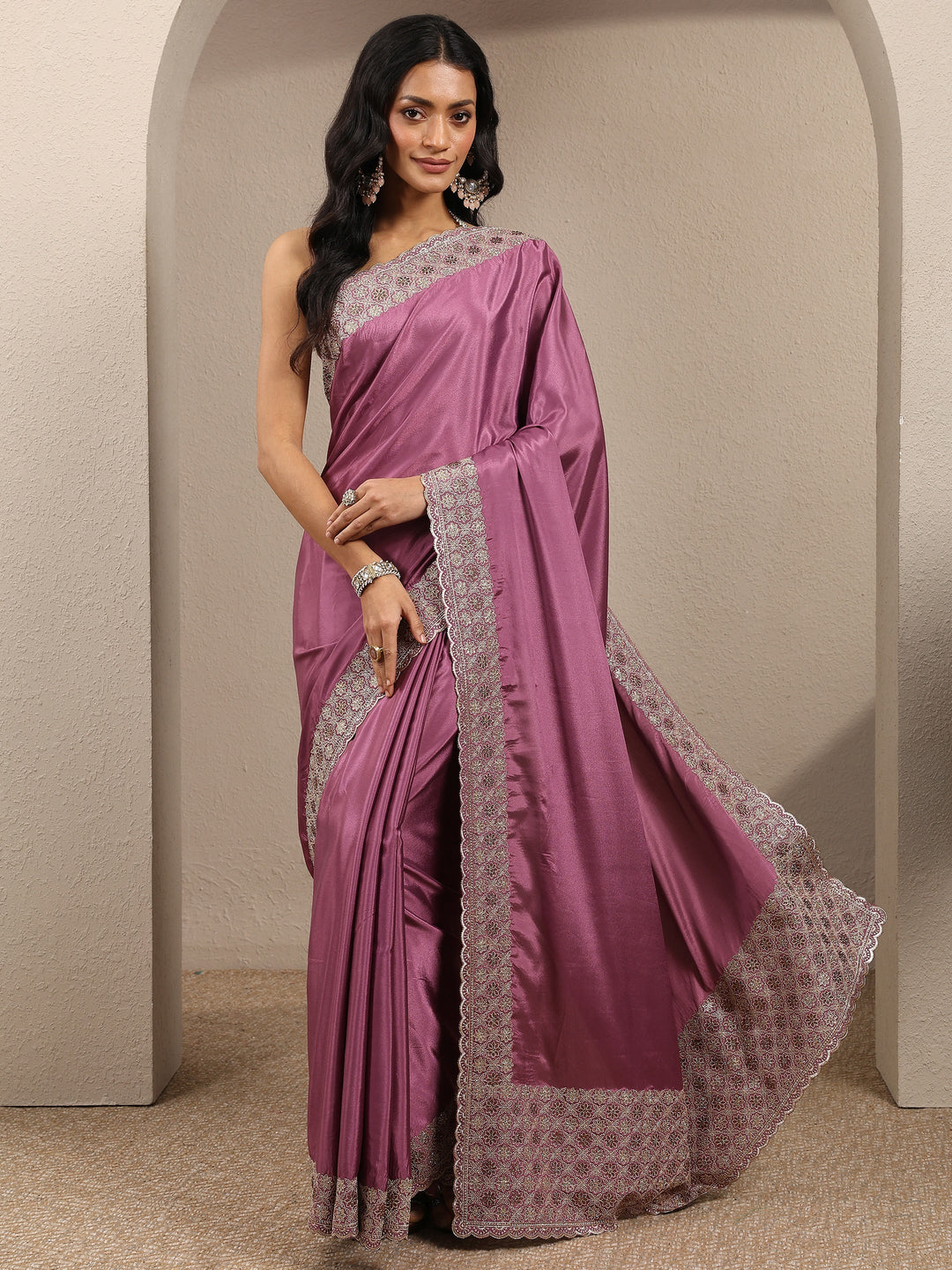 Purple Solid Silk Blend Saree With Unstitched Blouse Piece 