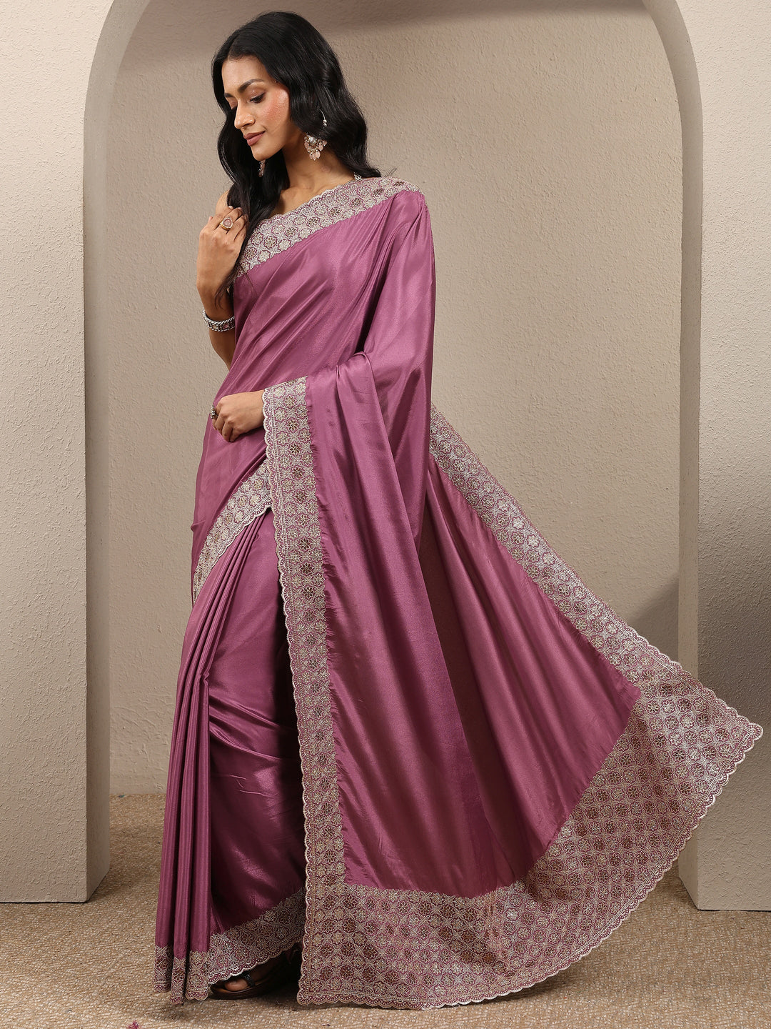  Purple Solid Silk Blend Saree With Unstitched Blouse Piece 