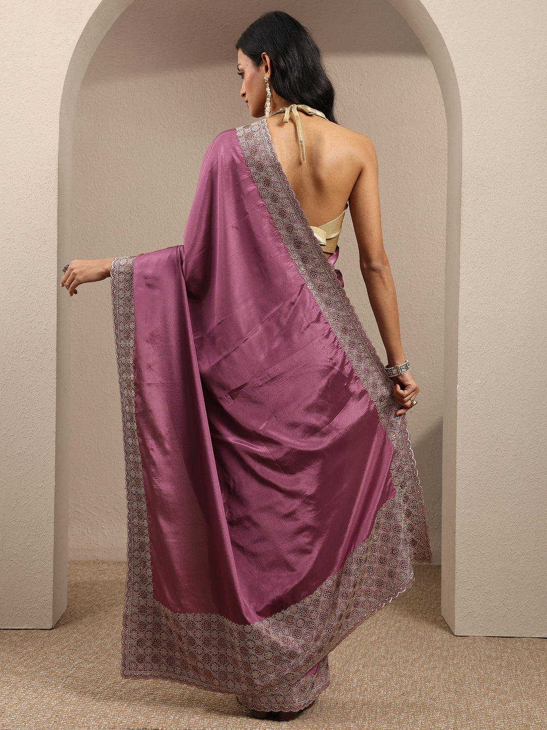  Purple Solid Silk Blend Saree With Unstitched Blouse Piece 