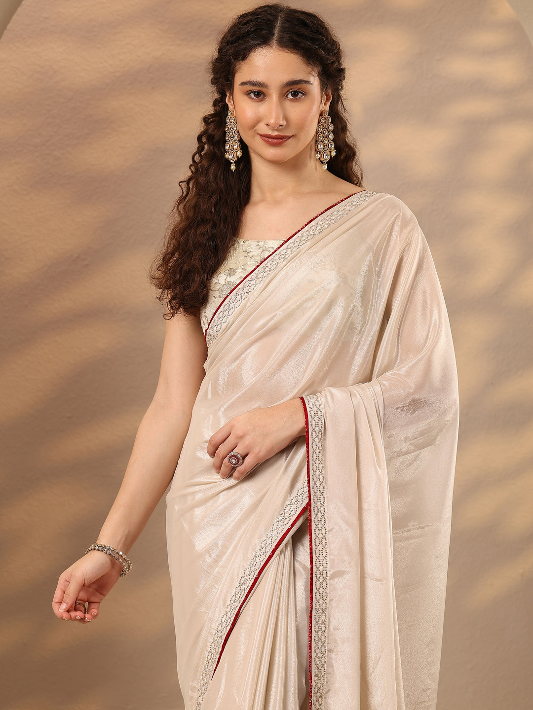  Cream Solid Silk Blend Saree With Unstitched Blouse Piece 