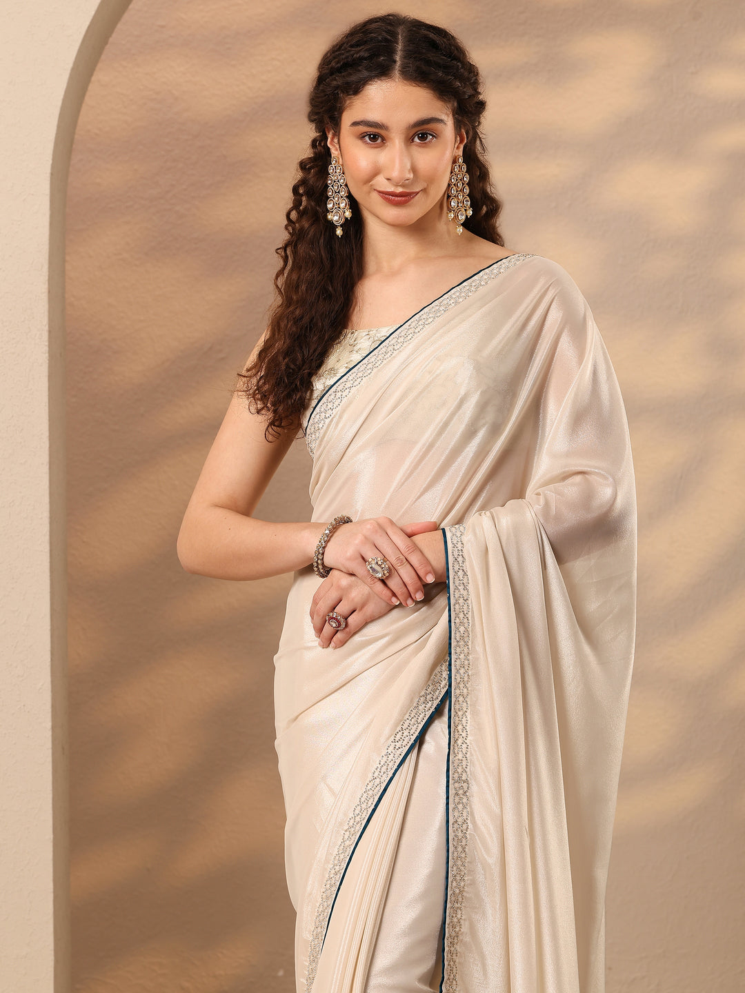  Cream Solid Silk Blend Saree With Unstitched Blouse Piece 
