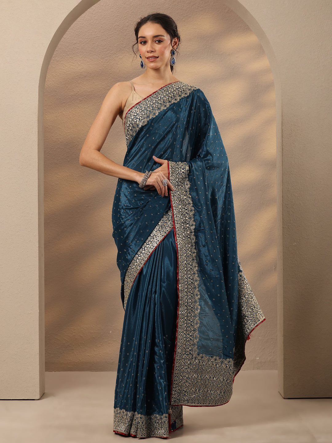 Navy Blue Embellished Silk Blend Saree With Unstitched Blouse Piece 