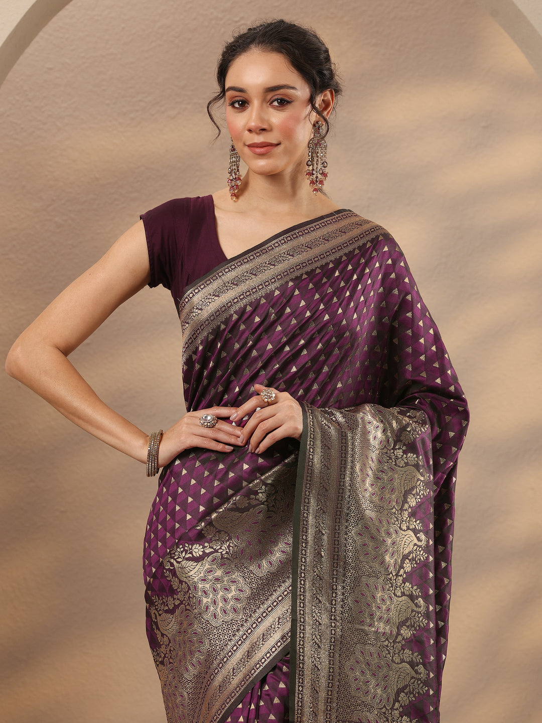 Burgundy Woven Design Silk Blend Saree With Unstitched Blouse Piece 