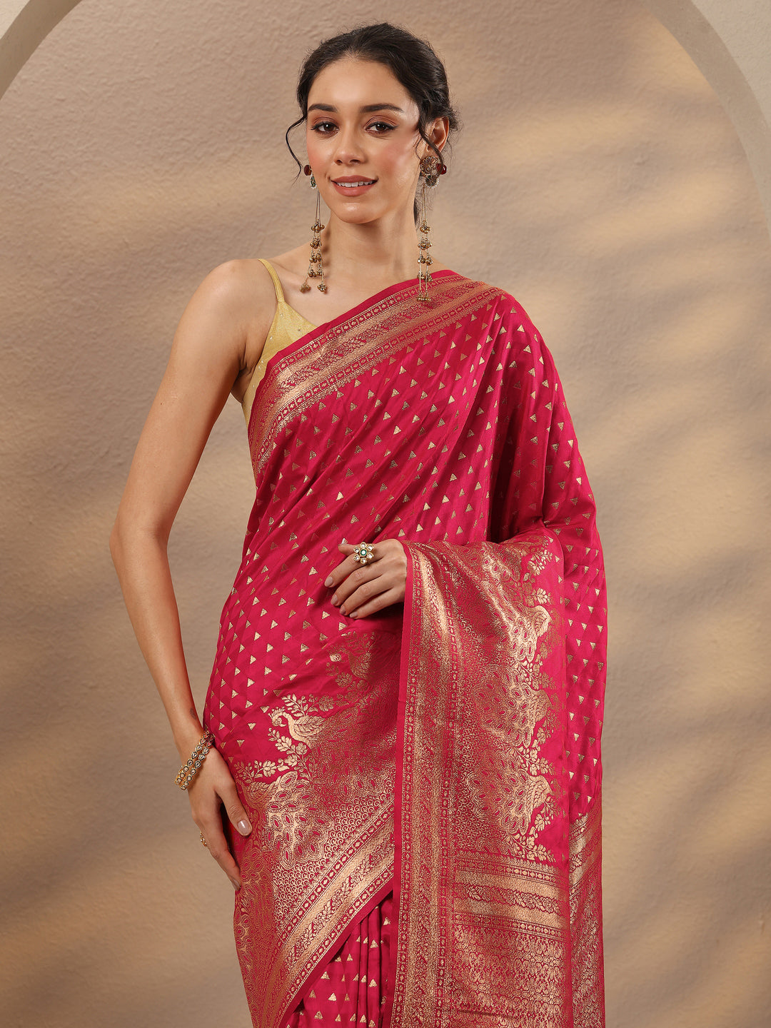  Red Woven Design Silk Blend Saree With Unstitched Blouse Piece 