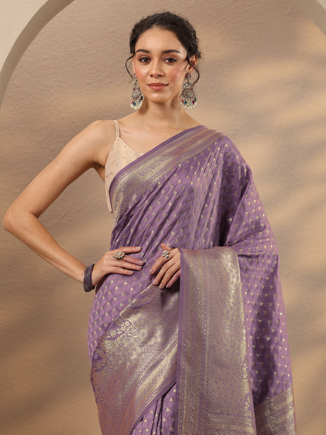  Lavender Woven Design Silk Blend Saree With Unstitched Blouse Piece 