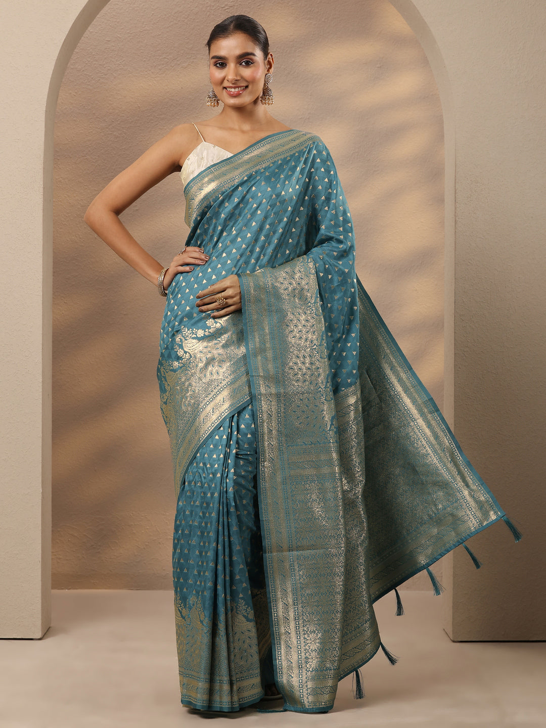  Blue Woven Design Silk Blend Saree With Unstitched Blouse Piece 