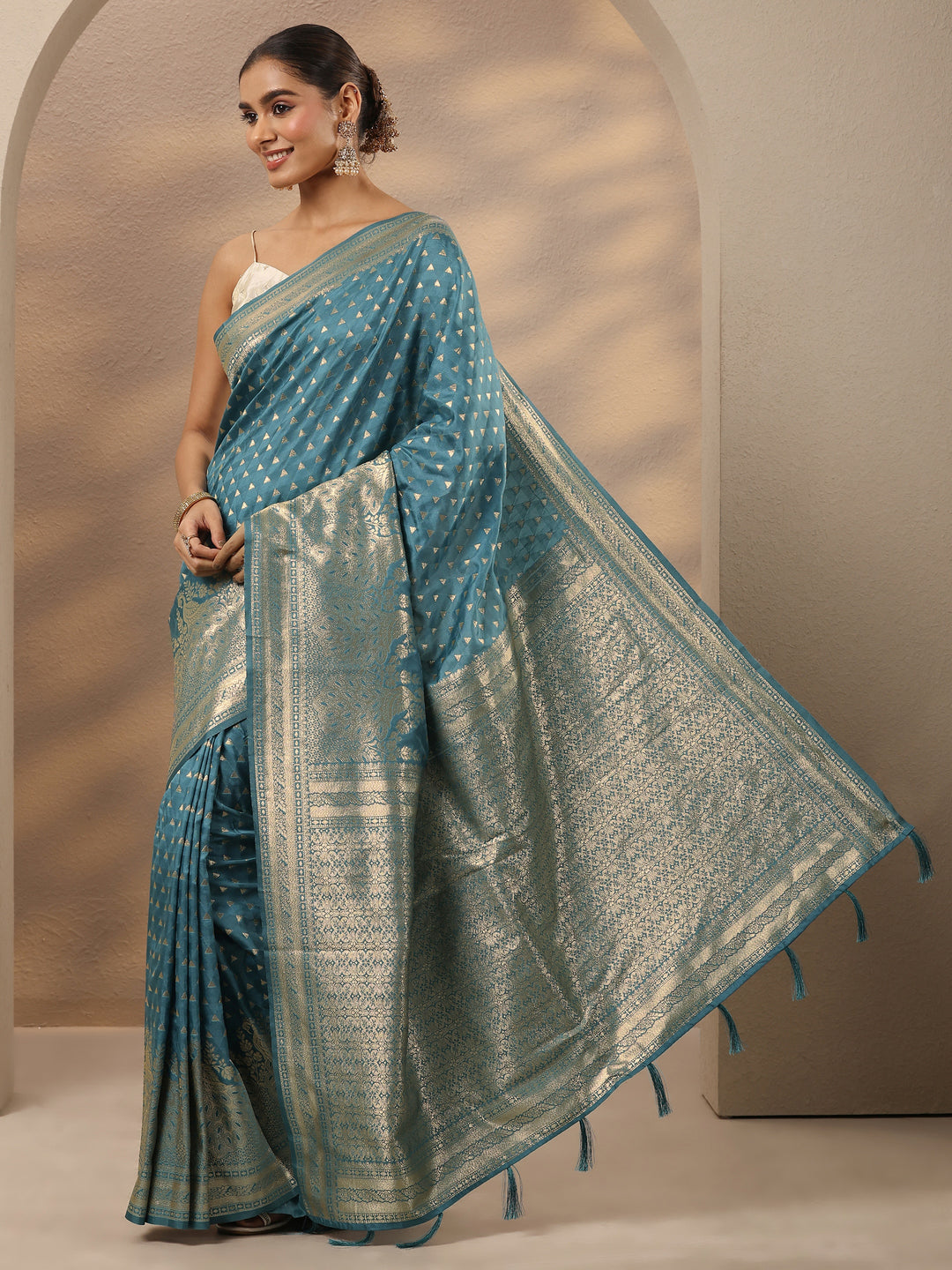  Blue Woven Design Silk Blend Saree With Unstitched Blouse Piece 